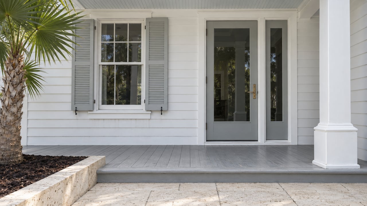 White clapboard porch with pale-gray shutters, a closed glazed entry door, limestone approach and a cropped fan palm.