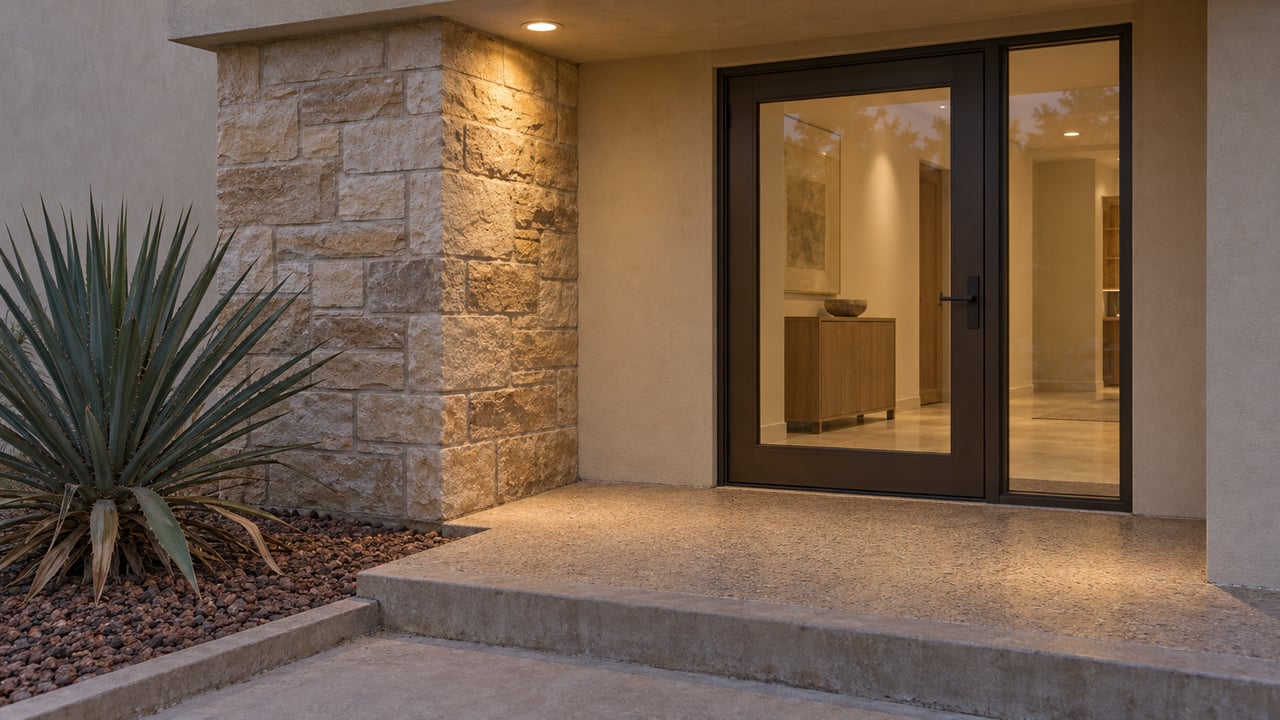 Warmly lit glazed home entry beside a sandstone pier, with a concrete landing and blue-green yucca in a gravel bed at dusk.