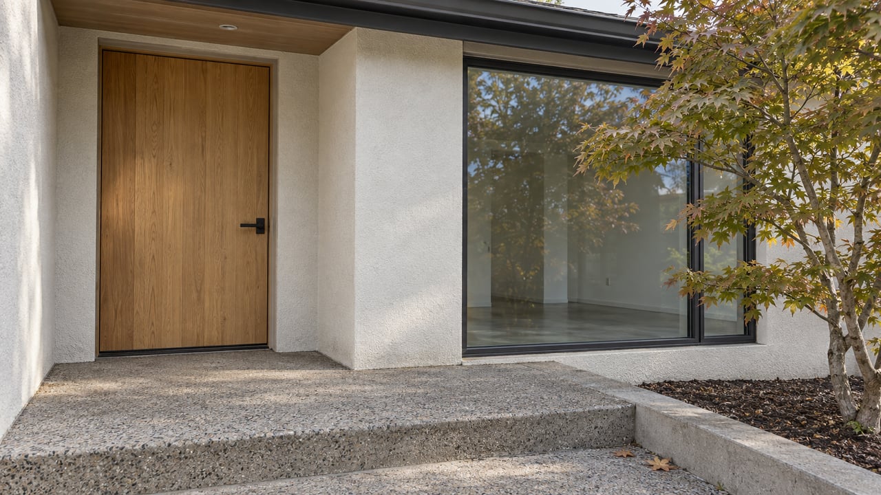 Light stucco home entry with an oak door, dark-framed window, concrete step and a Japanese maple.