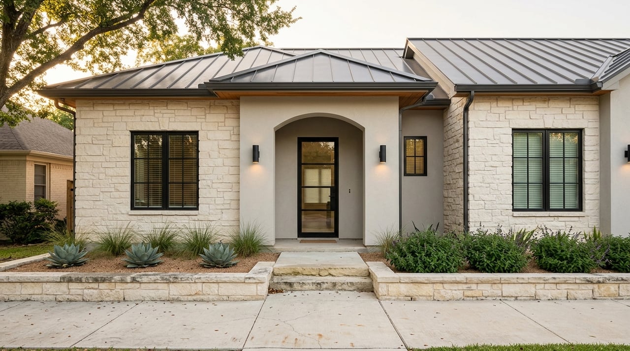 Attached townhomes with pale limestone facades, black metal roofs, cedar soffits, and drought-tolerant landscaping.