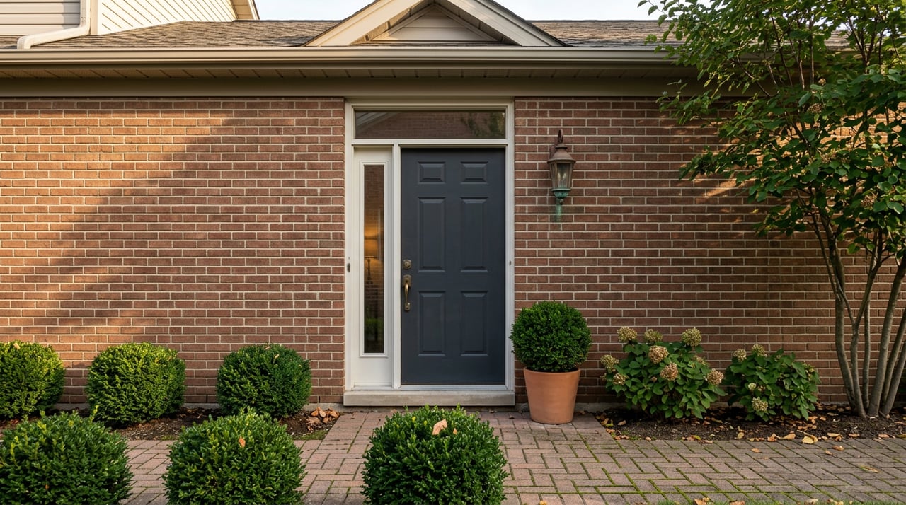Brick side entrance with a charcoal door, narrow sidelight, bronze lantern, and clipped shrubs along the paver walkway.