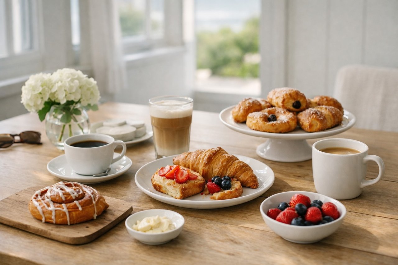 Brunch spread with coffee, pastries, pancakes, and breakfast plates near Remsenburg