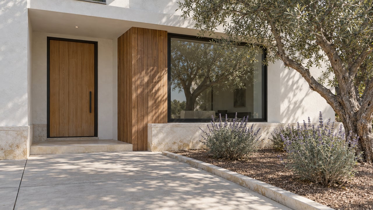 Sunlit white-stucco home entrance with an oak door, black-framed window, pale stone base and an olive tree beside the concrete approach.