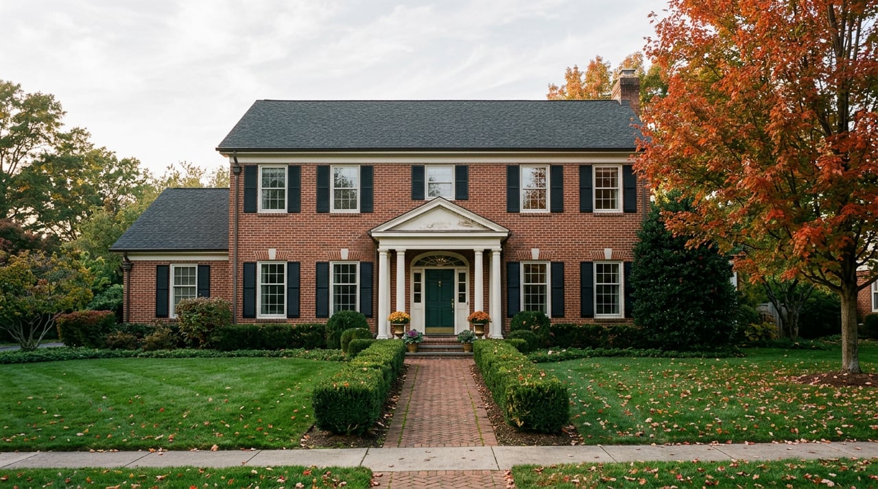 Symmetrical two-story brick colonial with white portico, green door, and brick walkway beneath a red-orange maple tree.