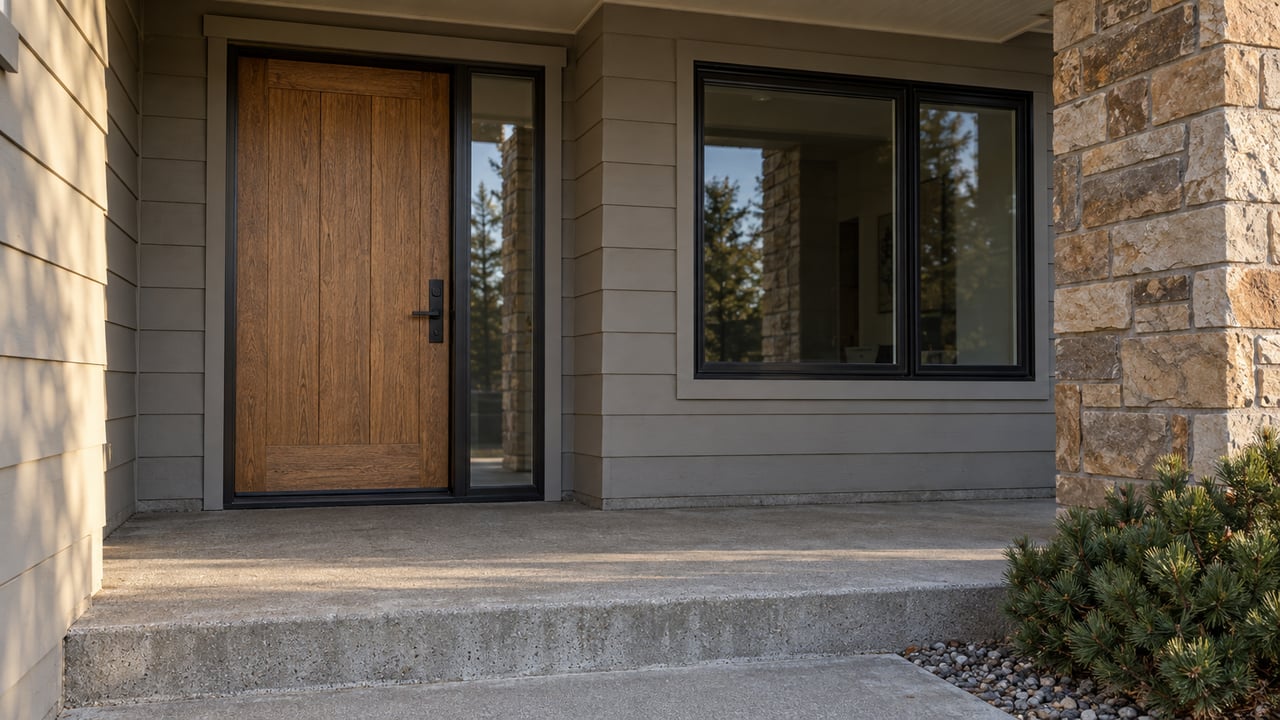 Recessed oak front door beside a glazed window, stone pier, gray siding, and a concrete entry landing.
