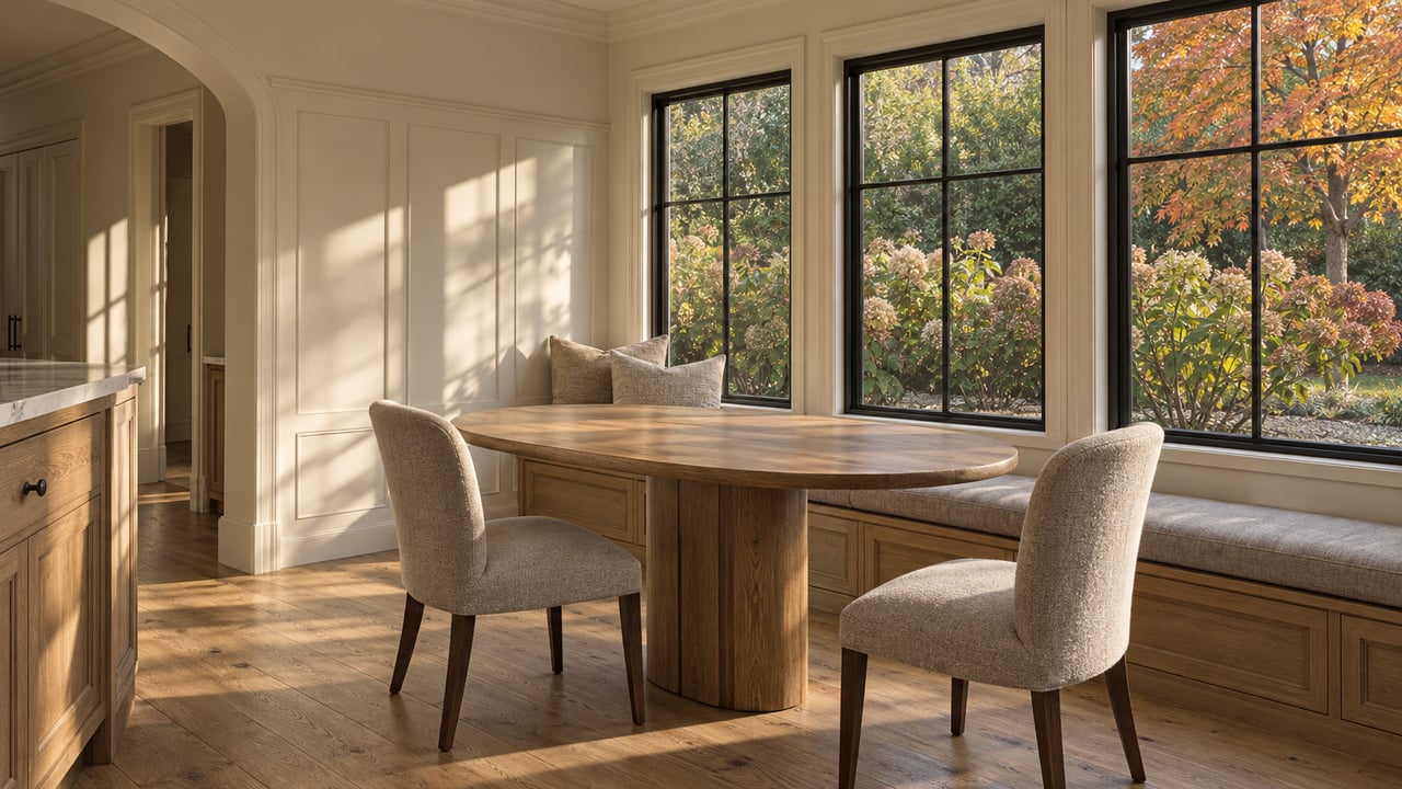 Autumn light falls across an oak breakfast table and upholstered chairs in a paneled room overlooking flowering hydrangeas and an orange-leaved maple.