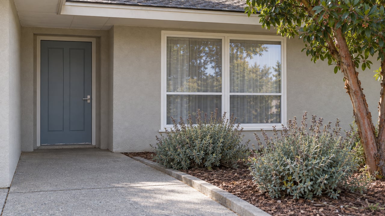 Home entrance with a dark gray door, large window, concrete walkway, and landscaped shrubs.