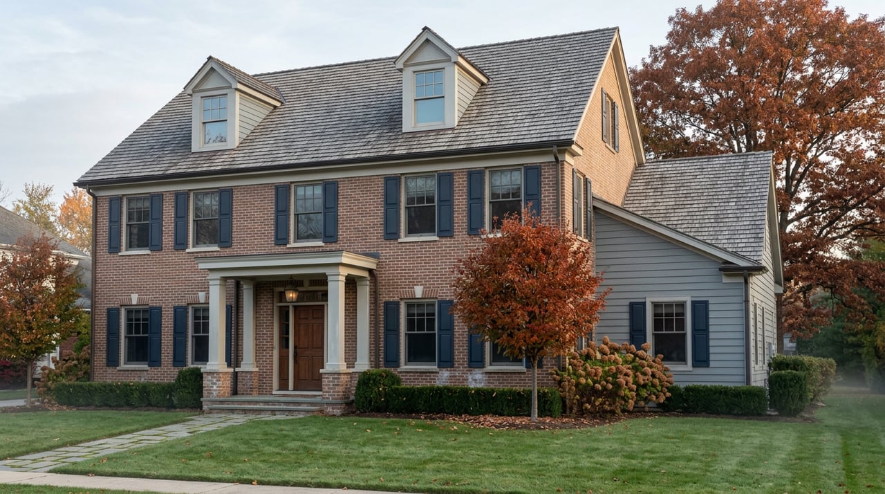 Brick Colonial home with gray siding, white-columned entry, and orange-red autumn trees.