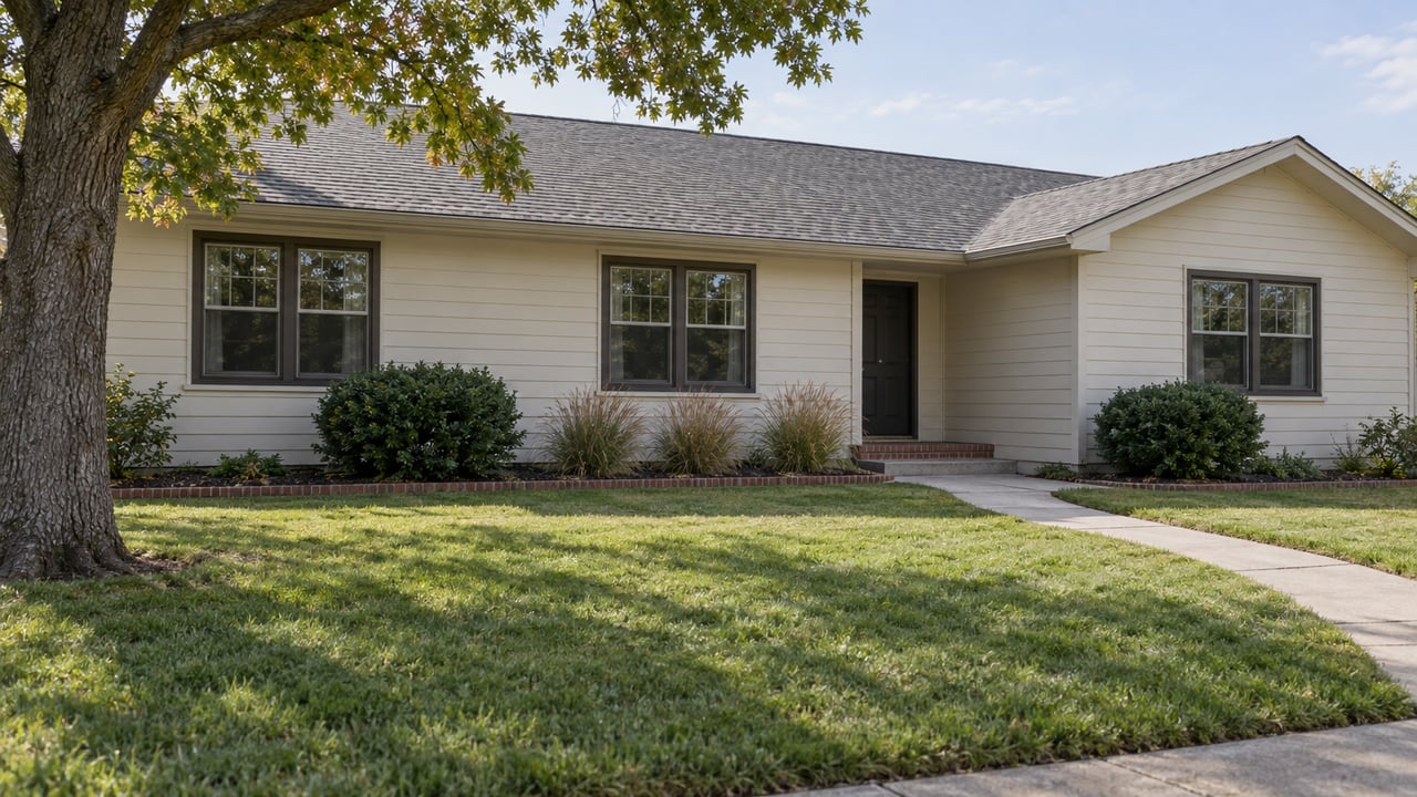 Ivory single-story house with a recessed dark door, curving concrete walk, broad lawn, and mature shade tree.