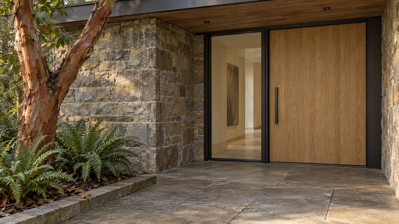 Sunlit sandstone entry terrace with an oak pivot door, black-framed sidelight and peeling madrone trunk beside sword ferns.