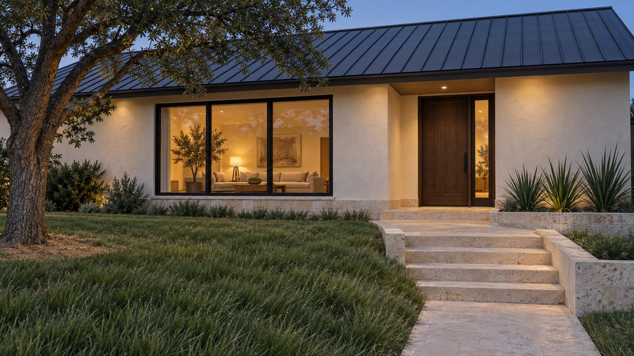 Low-gabled ivory stucco home with black-framed windows, warm interior light, limestone entry steps and a mature live oak beside a deep front lawn.
