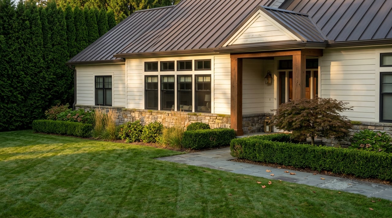 Large white estate with a stone base and timber entry, beyond a broad lawn and curved bluestone walkway.