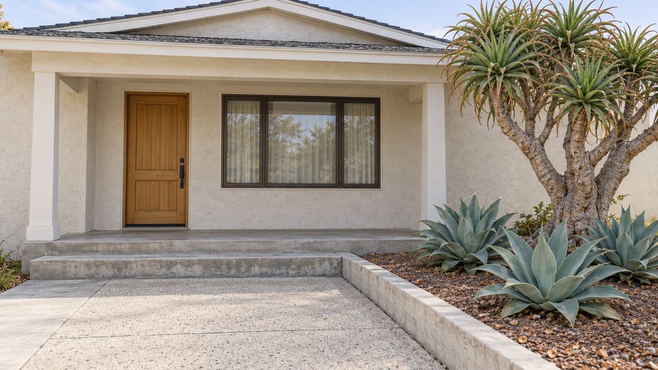 Compact ivory stucco bungalow with a recessed timber-post porch, wood entry door, concrete approach and sculptural aloe planting.