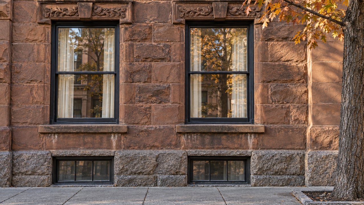 Warm late-afternoon light on weathered sandstone and two tall townhouse windows, with orange maple leaves at the edge.