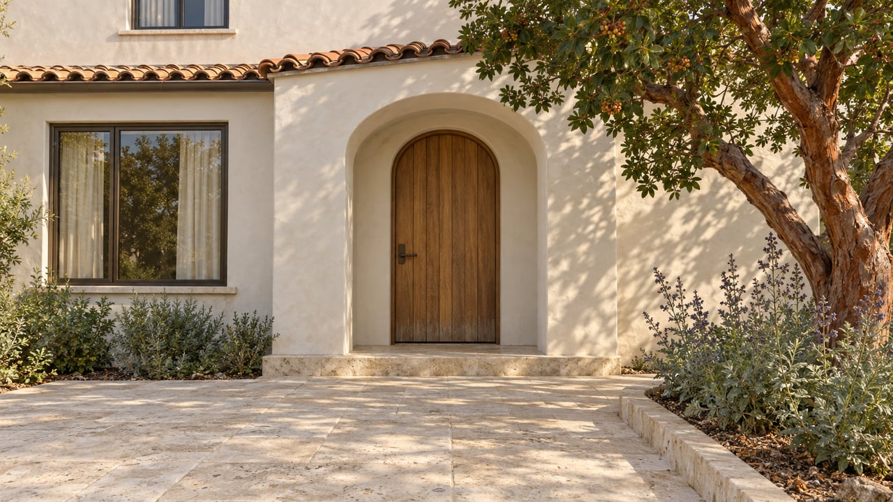 An ivory stucco home with a terracotta eave, arched oak front door, limestone approach and a sculptural strawberry tree beside the entry.