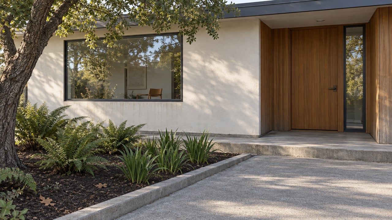An updated single-story home's cedar entry and broad window beside a concrete approach, mature oak, ferns, and iris foliage.