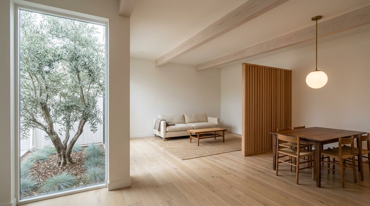 Double-height living room with a cream sofa, cedar slat divider, wood dining table, and olive tree outside the window.