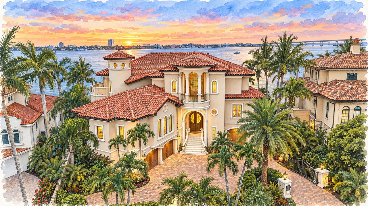 Mediterranean-style waterfront home with red tile roofs, palm-lined courtyard, bay and distant bridge