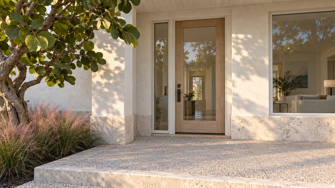Coastal house entry with a glazed oak door, stucco facade, shell-aggregate landing, and sea grape tree.