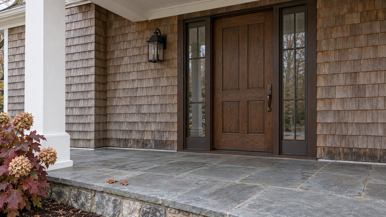 Cedar-shingle entry with a brown oak door, white porch column and weathered bluestone beside autumn oakleaf hydrangea.
