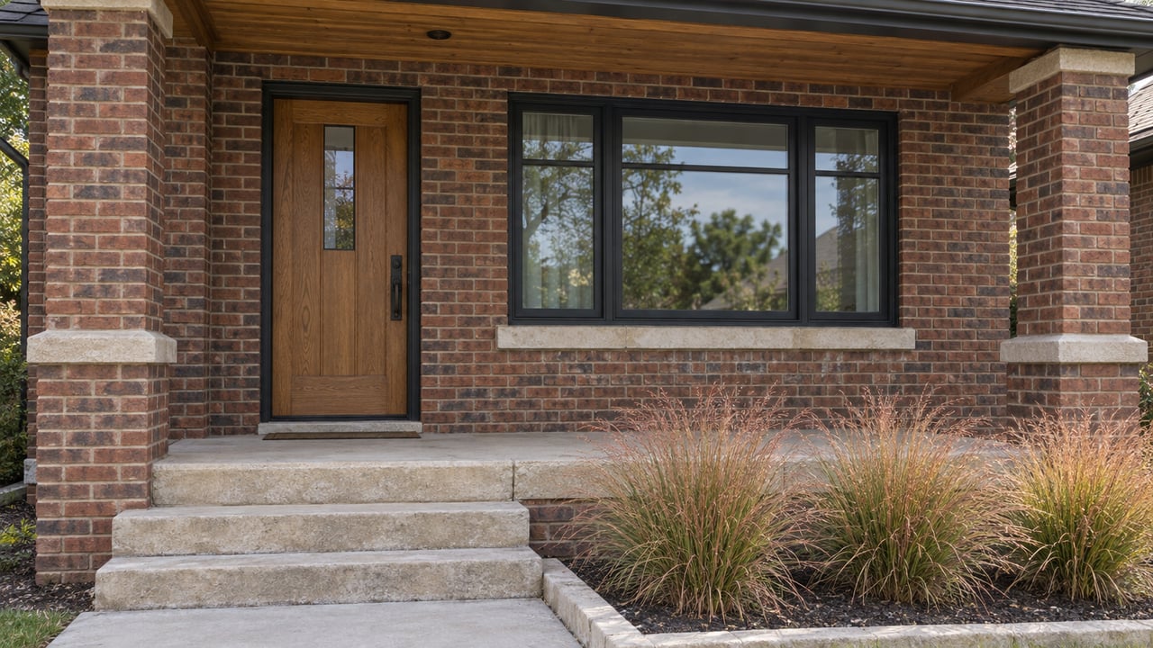 Red-brown brick bungalow entry with an oak door, black-framed window, worn limestone steps, and copper-colored prairie dropseed.