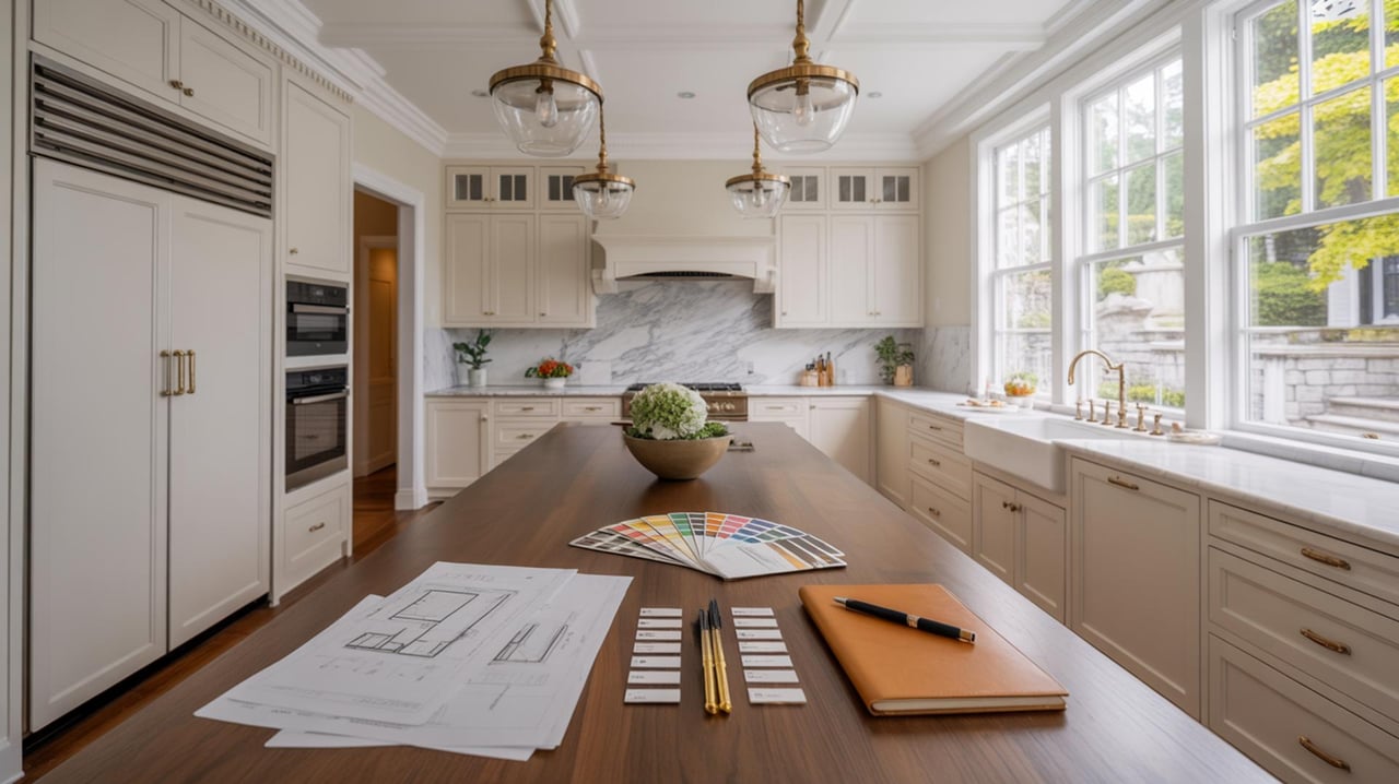 Bright white kitchen with a long island covered in architectural plans, color samples, pencils, and a sample board.