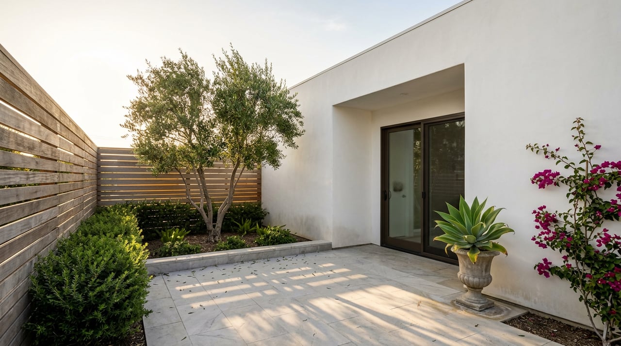 Coastal home courtyard with olive tree, agave in a stone urn, limestone paving, and cedar privacy screen.
