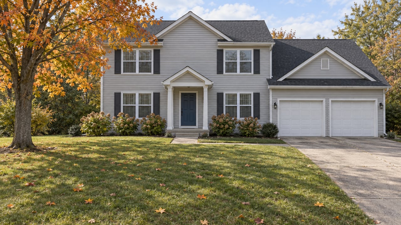 Gray two-story home with a blue front door, double garage, broad lawn, and autumn trees.