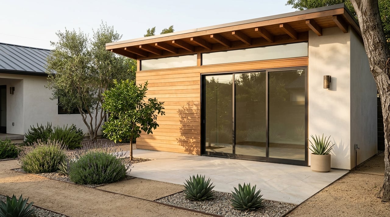 Mid-century detached studio with a converted-garage exterior and warm wood-and-glass details.