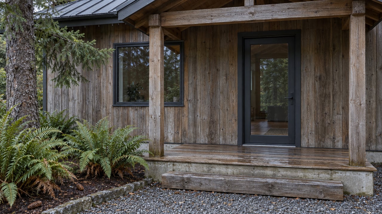 Rustic wood home entry with a covered porch, broad steps, and ferns along a gravel path.