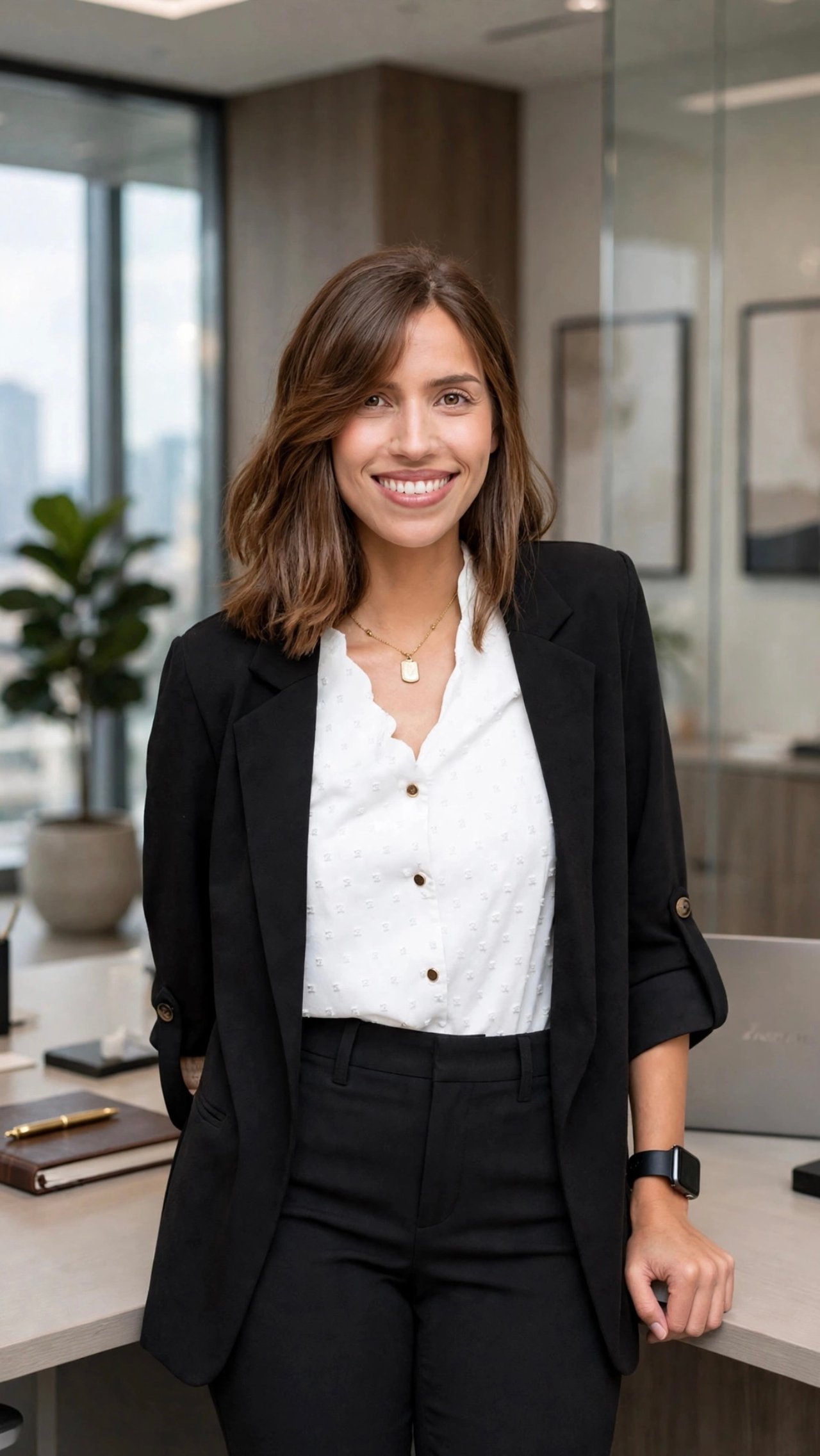 Michelle Angeliz Vazquez Tirado smiling in a black suit in an office.