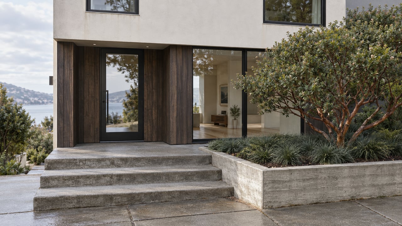 Renovated stucco home with a recessed wood-clad entry, concrete steps, and a raised planting bed.