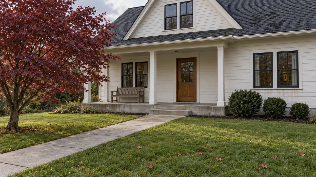 Warm-white clapboard home with a covered porch, oak entry door, deep front lawn and burgundy Japanese maple in soft autumn daylight.