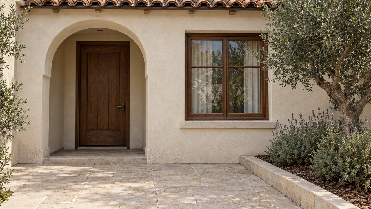 Cream stucco home entrance with an arched oak door, terracotta eave, limestone approach and a sculptural olive tree.