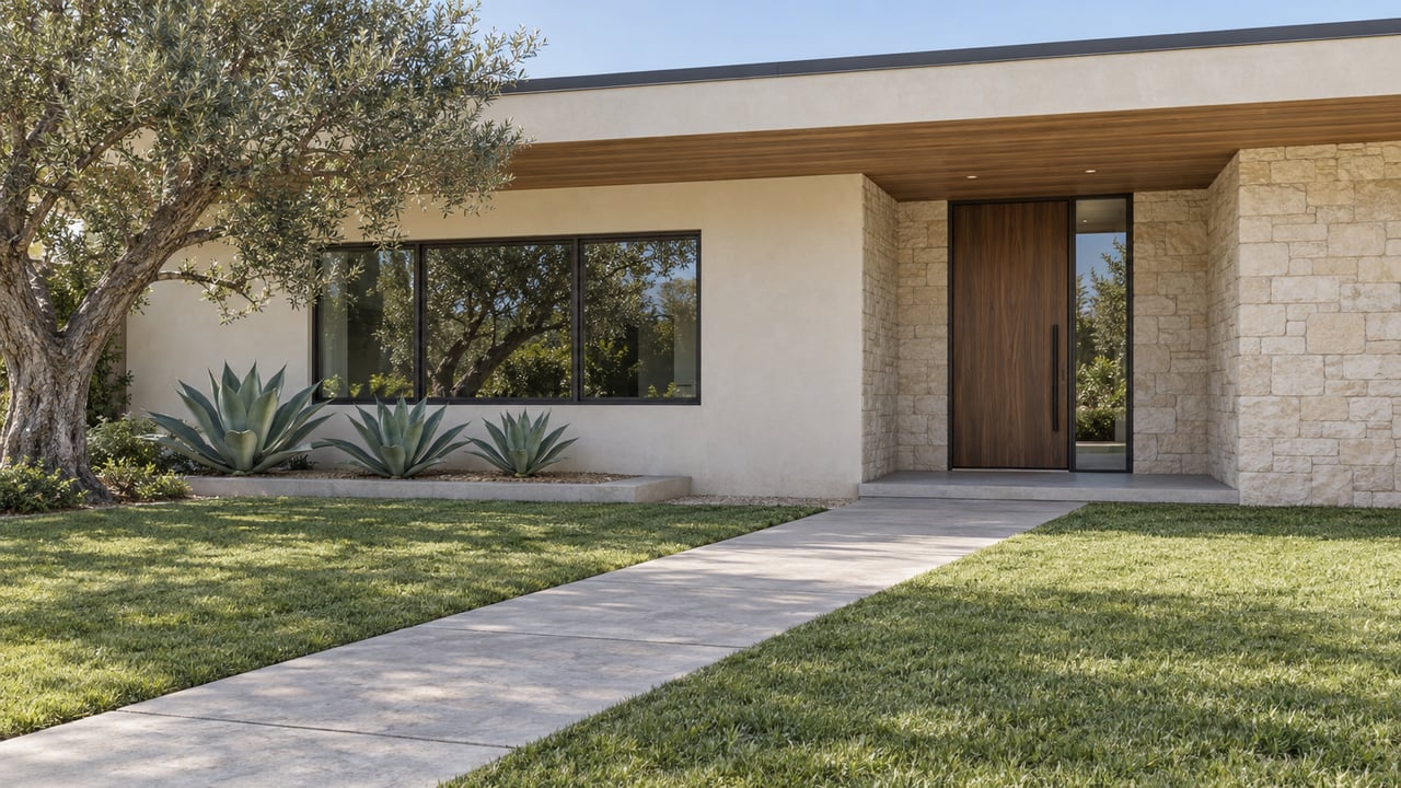 Sunlit ivory stucco home with a cedar overhang, limestone entry, walnut door and concrete path across a deep lawn.