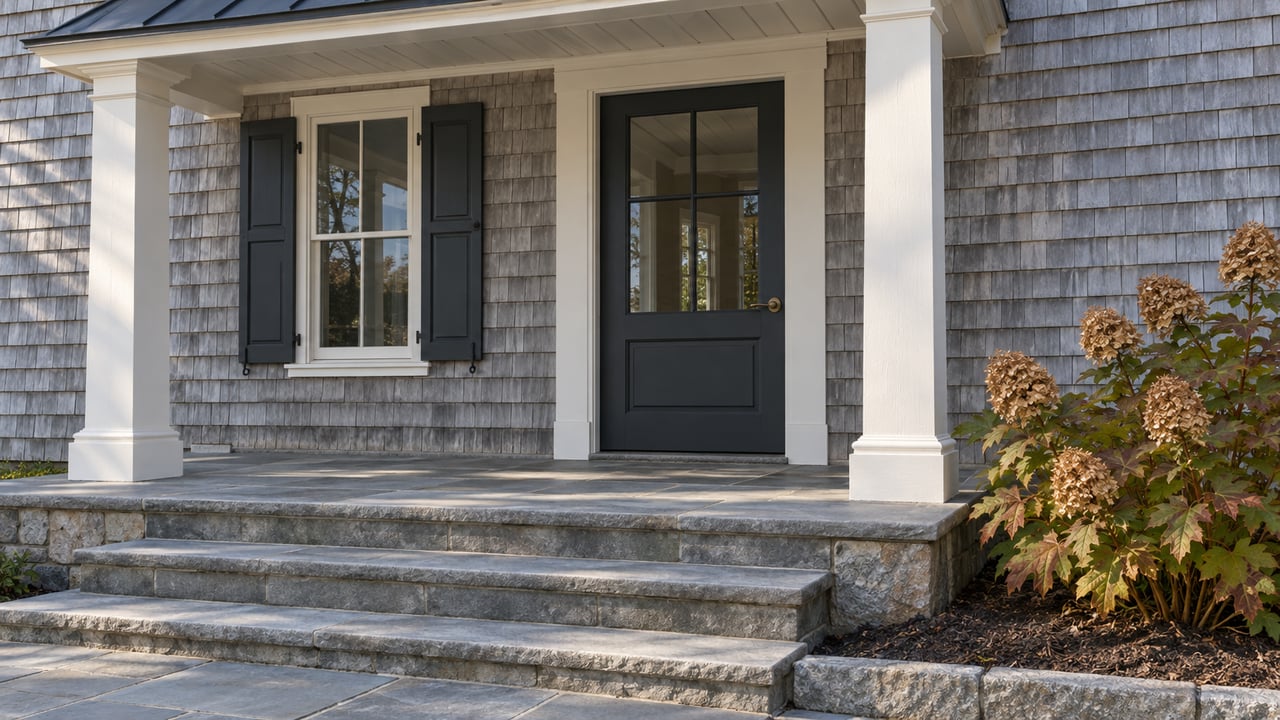 Weathered cedar-shingle home with a raised bluestone porch, white columns, charcoal glazed door and bronze-leaved oakleaf hydrangea.
