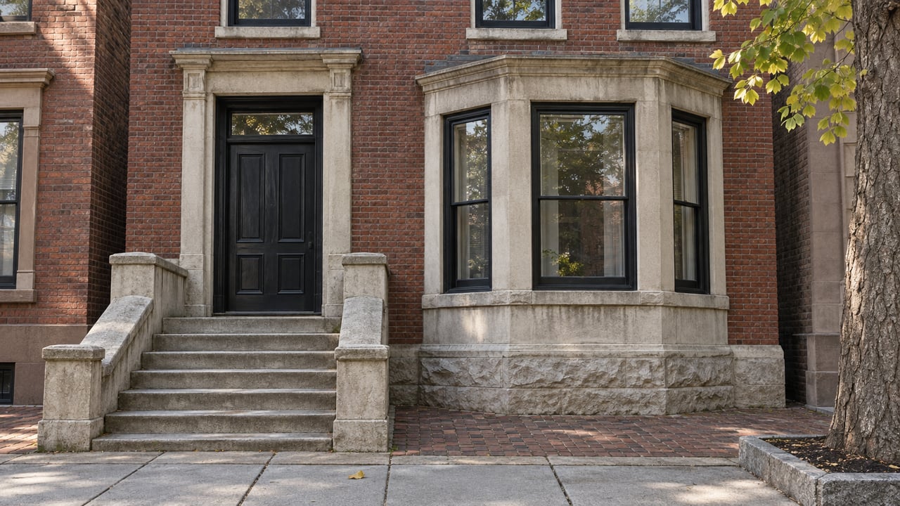 Red-brick townhouse entry with a black door, limestone stoop and projecting sash-window bay in soft daylight.