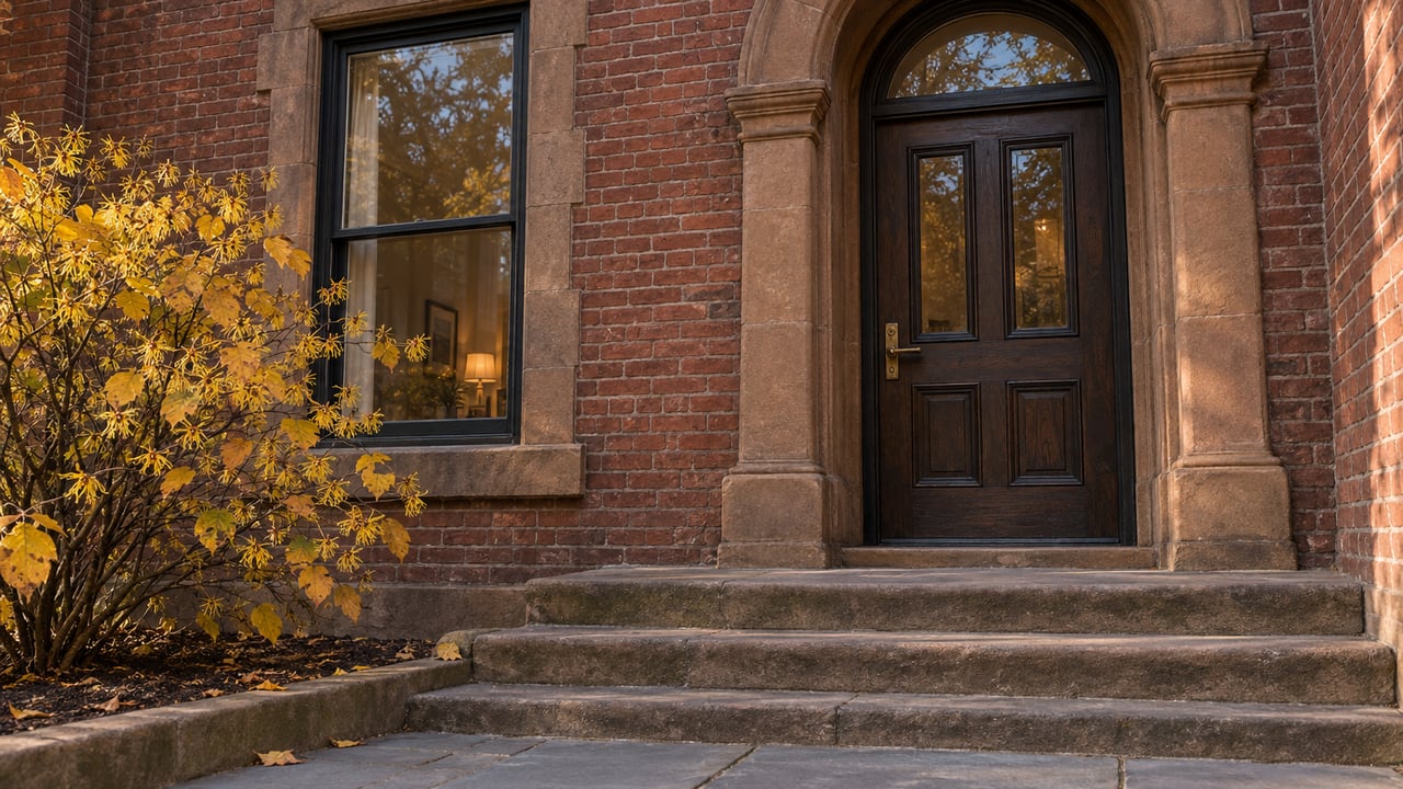 Brick townhome entrance with a sandstone arch, dark oak door, worn stone steps and yellow witch-hazel leaves.