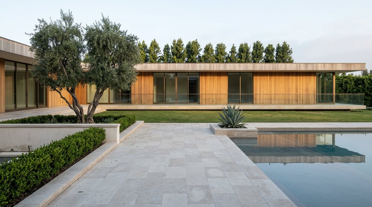 Single-story contemporary house with bronze-framed glass, a still pool, limestone terrace, and olive tree.