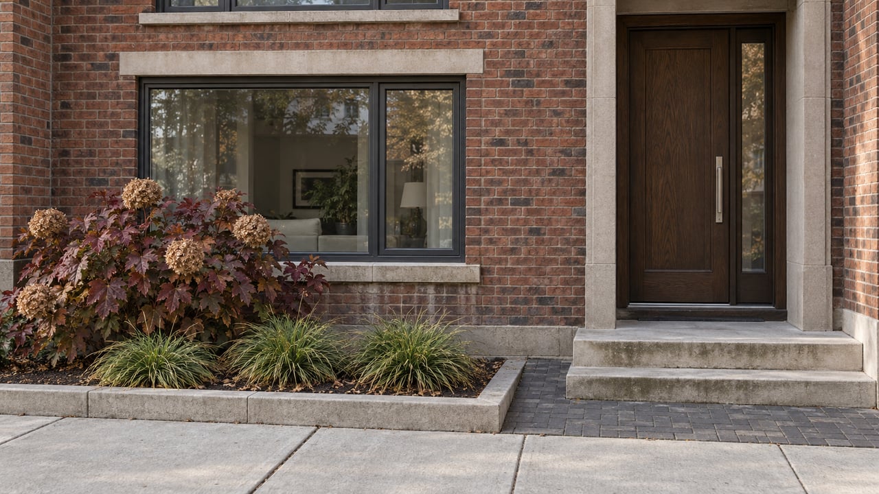 Red-brown brick residential facade with a dark oak entrance, limestone steps, charcoal-framed window and a small bordered autumn planting bed.