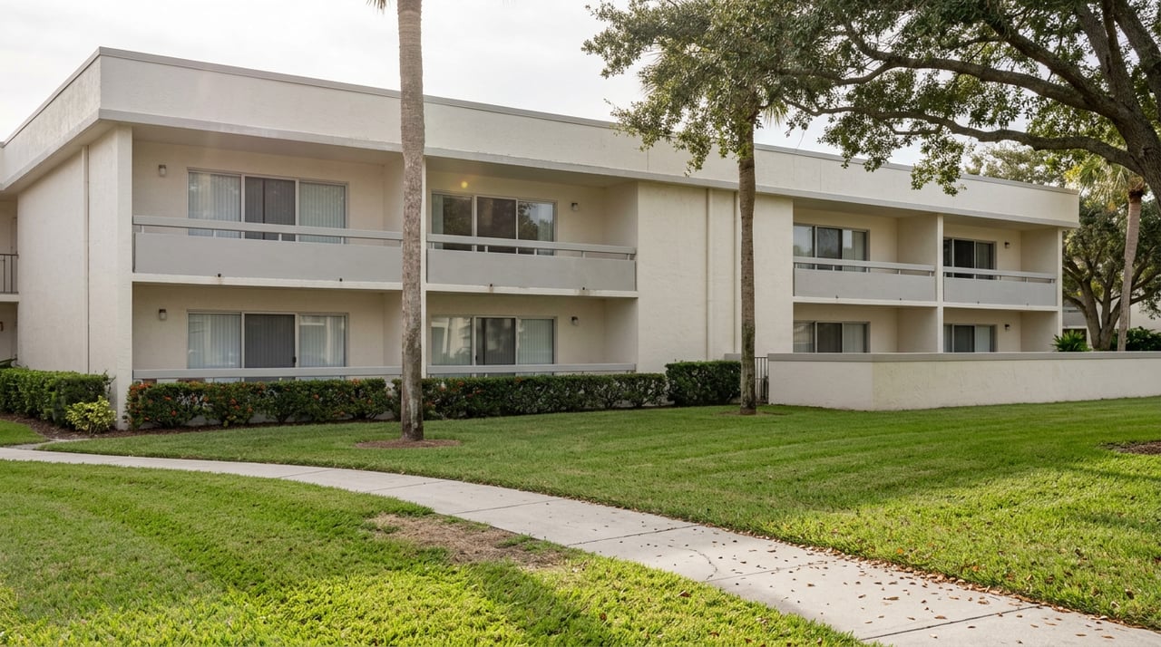 Two-story condominium overlooking a shared lawn, curved walkway, mature oak, and two palm trees.