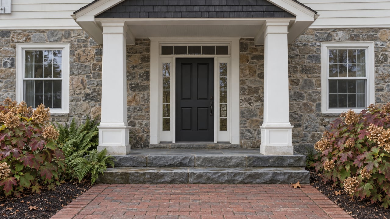 Stone and ivory-clapboard home entry with paired white columns, bluestone steps and autumn oakleaf hydrangeas.