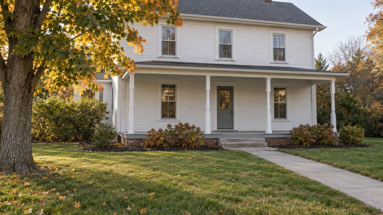 White clapboard house with a low covered porch, deep front lawn and an autumn sugar maple in warm afternoon light.