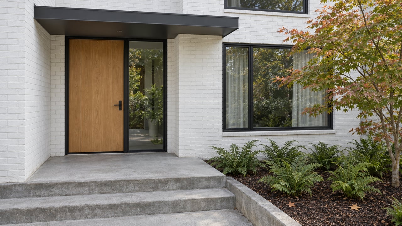 White brick home entrance with a sheltered oak door, black-framed windows, concrete steps and a Japanese maple beside a fern bed.