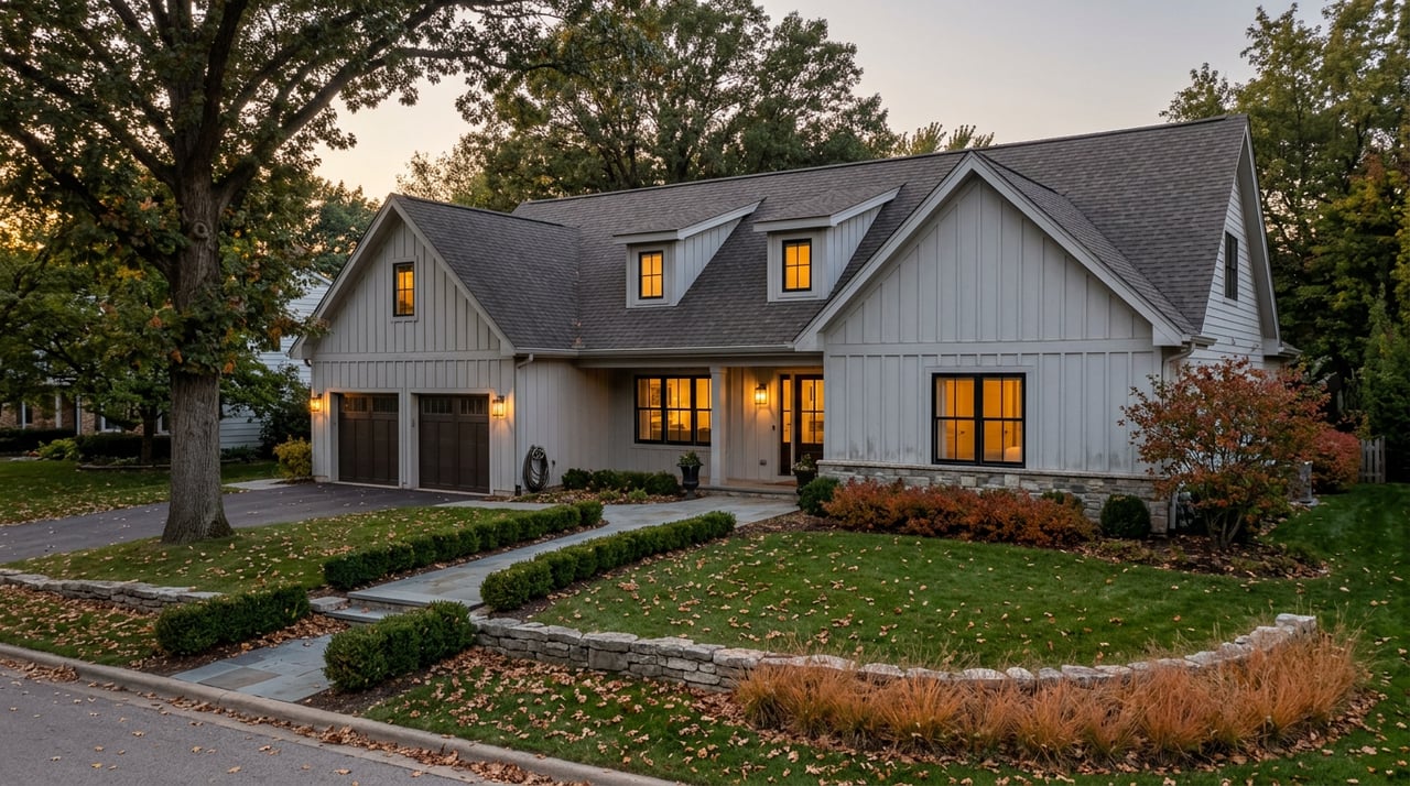 Dove-grey home with glowing windows, three-car garage, curving stone walkway, and mature oak at dusk.