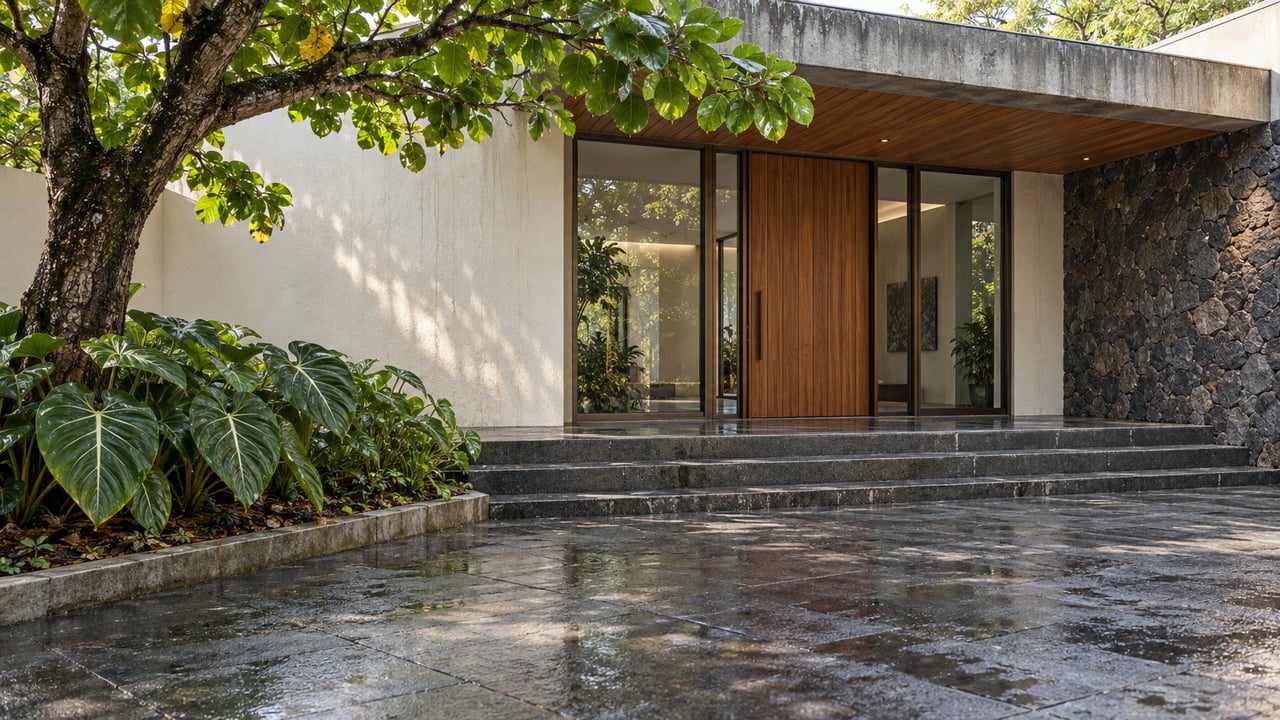 Rain-darkened stone approach and shallow steps lead to a teak and glass villa entrance beneath a broad concrete roof.