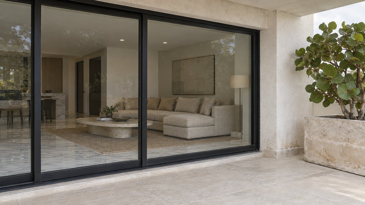 Covered condominium terrace with pale stone-look paving, closed black-framed glass doors, a marble-floored living room and one sculptural sea grape tree in a limestone planter.