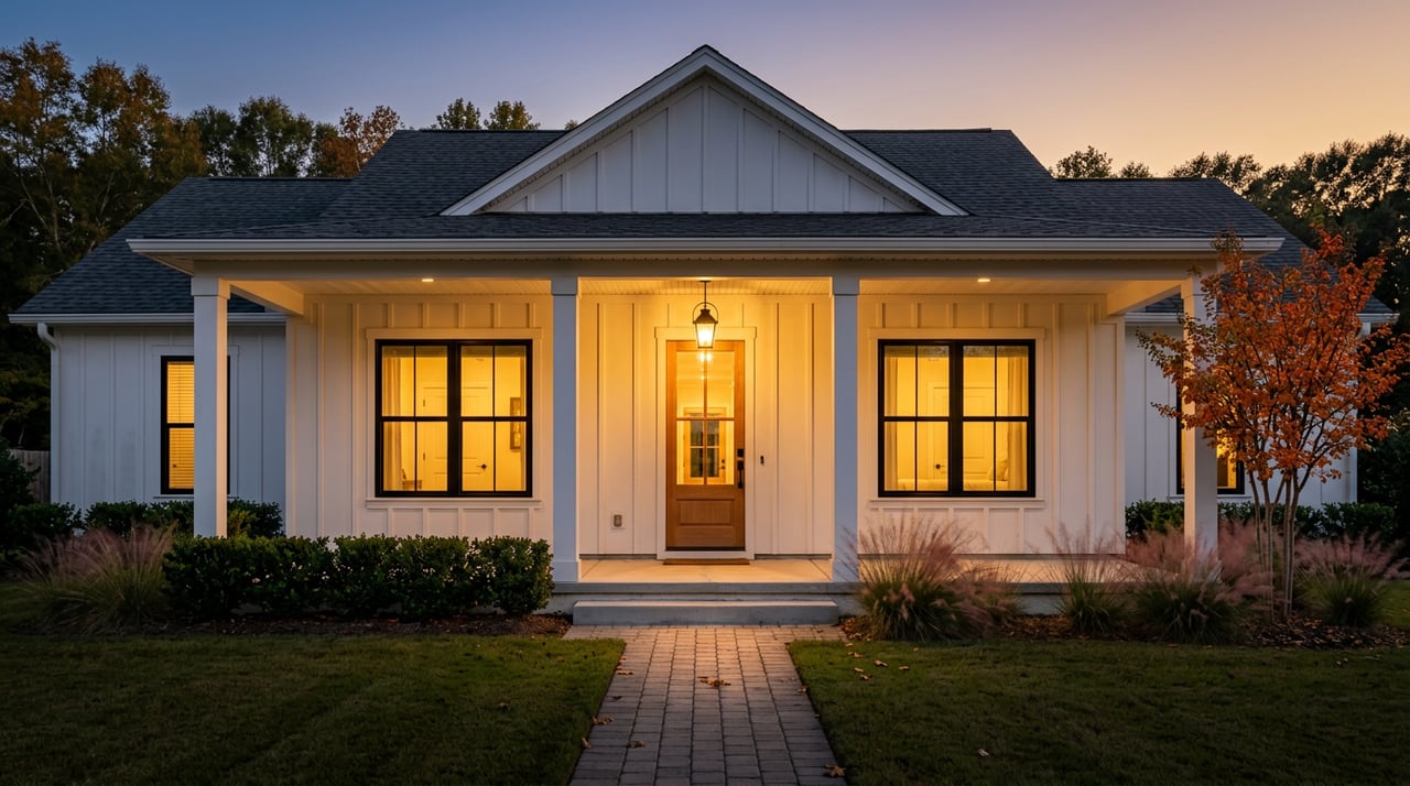 White farmhouse at dusk, its porch lantern and two glowing windows lighting a walkway across the lawn.