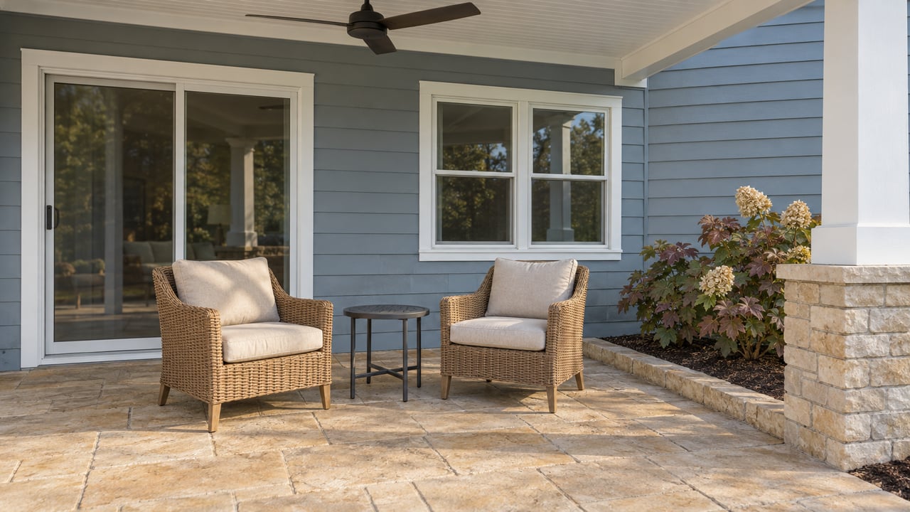 Covered patio with blue-gray siding, white trim, woven chairs and warm limestone paving beside an oakleaf hydrangea.