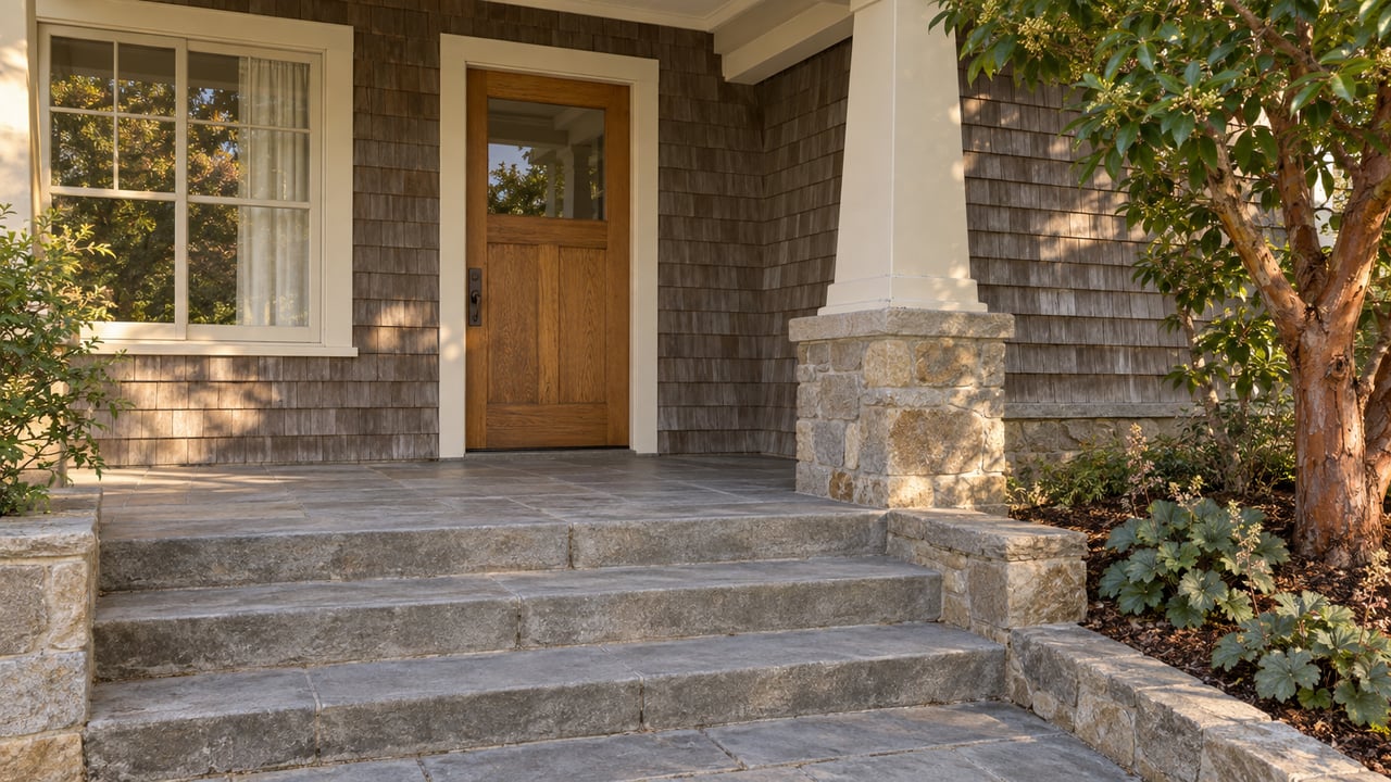 Weathered cedar-shingle home entry with an oak door, cream porch column and sandstone steps beside a strawberry tree.